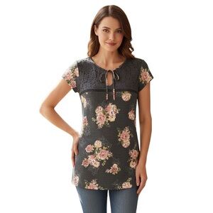 TORRID 00 0X XL Dark Gray Knit Top Pink Flowers Lace Detail R $49